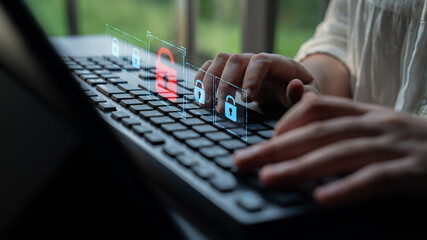 Fototapeta premium Digital security concept illustrating a cybersecurity breach, with a red unlocked padlock indicating data exposure among secure systems, emphasizing system vulnerability and risk Latch