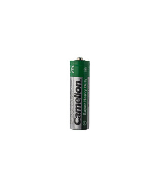 24 February 2026 Tbilisi, Georgia Camelion Super Heavy Duty AA zinc-carbon battery on white background.