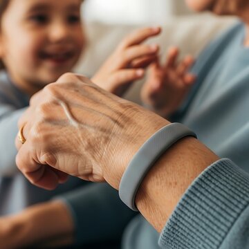 A close-up captures an elderly hand wearing a simple gray fitness tracker, smartband , with a happy child's blurred face in the background. Technology in everyday life concept and conceptual.