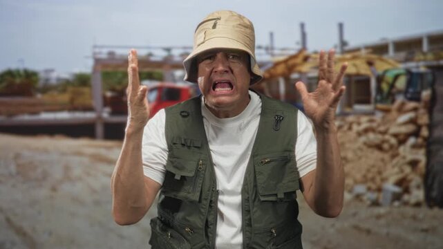 Man with fishing vest and bucket hat raises hands and shouts with open palms at building; frustration concern.