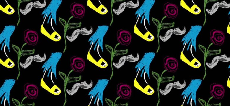 Hand-Drawn Surreal Pop Art Pattern Loop - Moustaches, Shoes, and Roses - Seamless 4K Motion Background