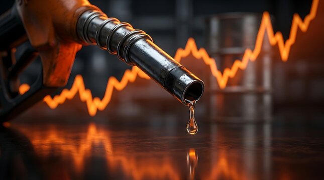 Close up of fuel pump nozzle with drip and oil barrels in background with rising orange financial stock market graph