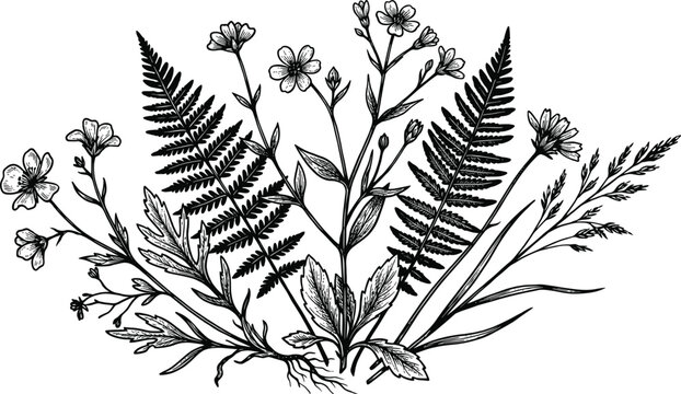 Elegant vintage botanical prints black and white fern and wildflower illustration