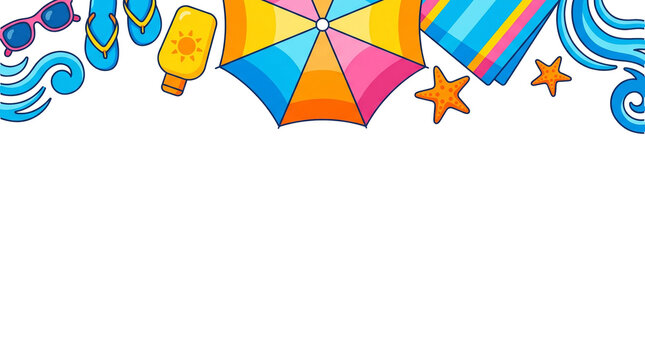 Colorful summer beach accessories border illustration, transparent background