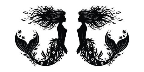 Obraz premium Mermaid Silhouette Vector with Floral Pattern Tail Illustration.