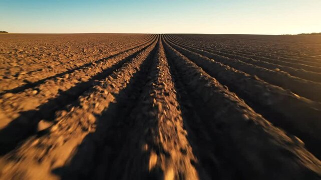 Tilled soil in a vast agricultural field.