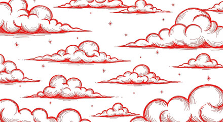 Red sketched clouds and stars pattern on white background © Pratama