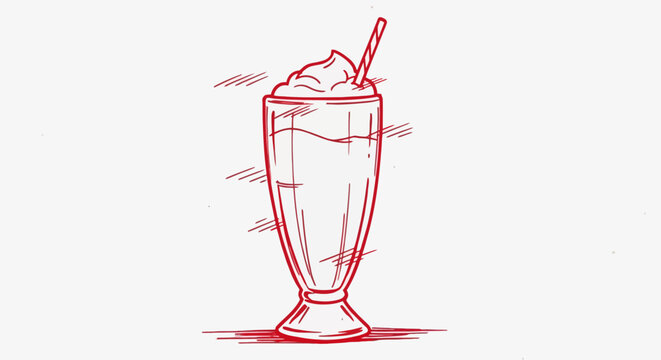 Red line sketch of a retro milkshake with whipped cream and a straw