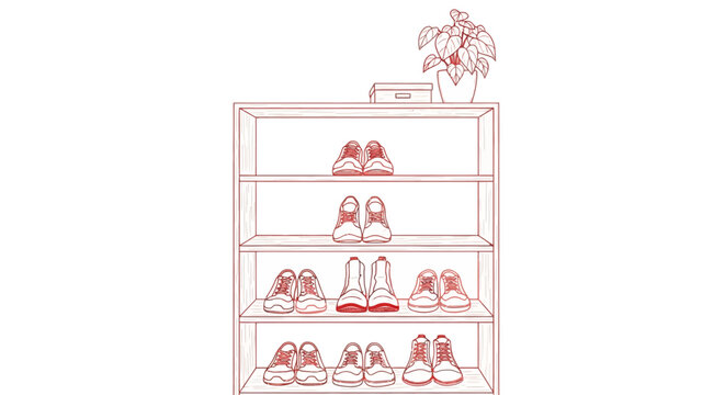 Red line art illustration of a wooden shoe rack with organized footwear and a potted plant