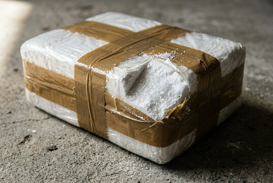 Illegal drug package wrapped in brown tape with white powder visible as confiscated narcotic evidence. Crime concept with copy-space.