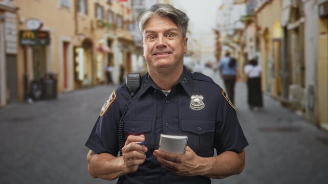 Police officer man writes on a notepad with pen, radio mic on shoulder and badge visible on a narrow pedestrian street; duty service.