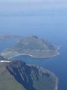 Aerial View of Mountain Island with Sandy Beach in Gildesk&aring;l, Norway