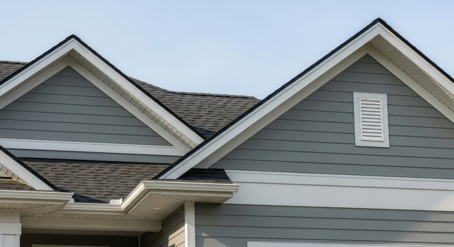 Close-up architectural detail of a modern gray vinyl siding house gable with white trim and roofline