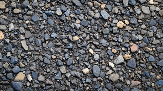 A close-up image of an uneven gravel surface with various sizes and colors of small stones tightly packed together.