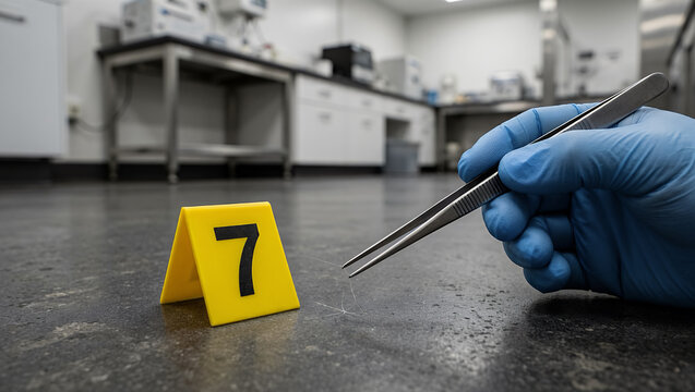 Faceless forensic scientist using tweezers to collect hair sample near evidence marker on laboratory floor. Crime concept with copy-space.
