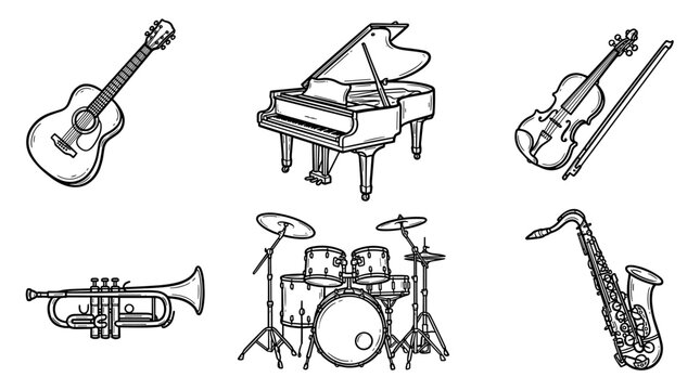 Collection of Musical Instruments Hand Drawn in Outline Style