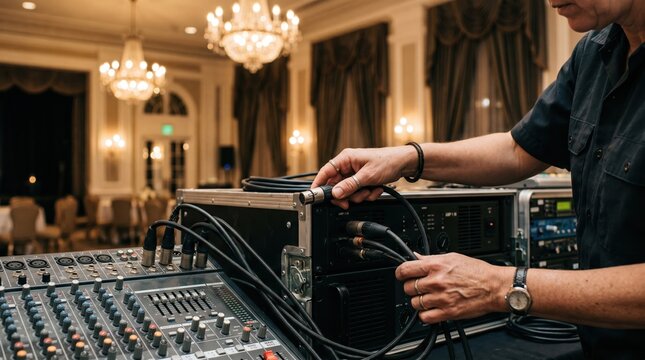 Sound engineer connecting audio mixer and speaker cables in elegant hotel ballroom focused on hands and gear with outoffocus chandeliers and draped walls.