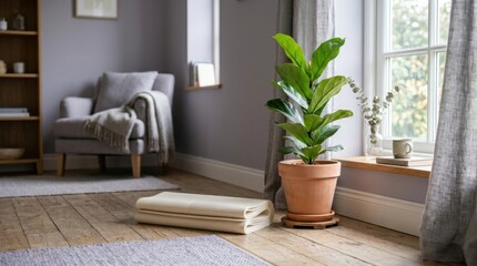Fototapeta premium Indoor potted plant in terracotta pot near window with cozy armchair folded mat and rug for living room background and interior decor banner