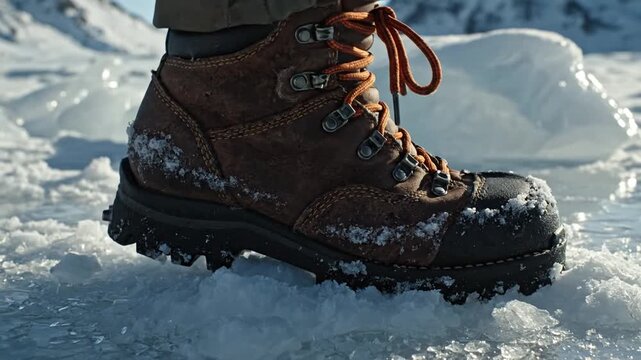 Brown hiking boot on snowy ground.