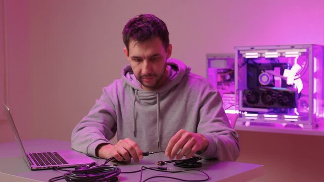Hands connecting external sound card to laptop, audio technician tests input adjusts knob and toggles controls while cable rests on desk under purple mood lighting
