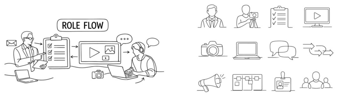 Digital leadership roles and workflow illustration with icons representing communication and tasks