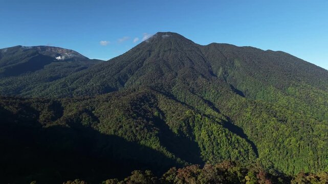 A natural mountain landscape with lush, fertile tropical forests. The beauty of Mount Gede Pangrango National Park under a clear blue sky.