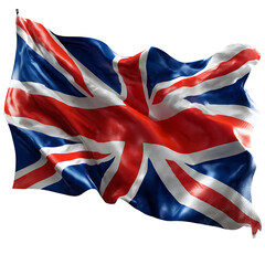 Fototapeta premium A photorealistic rendering of the United Kingdom flag, a striking symbol of national pride, waving gracefully in the wind, with the Union Jack's distinctive red, white. PNG Transparent Background