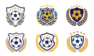 Obraz premium Soccer football shield logo set laurel wreath stars navy blue gold club emblem vector collection