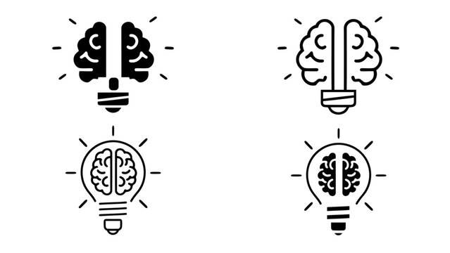 Human brain in light bulb solid line icon set. Creative, generating idea, solution ,knowledge, lamp symbols. Vector editable illustration
