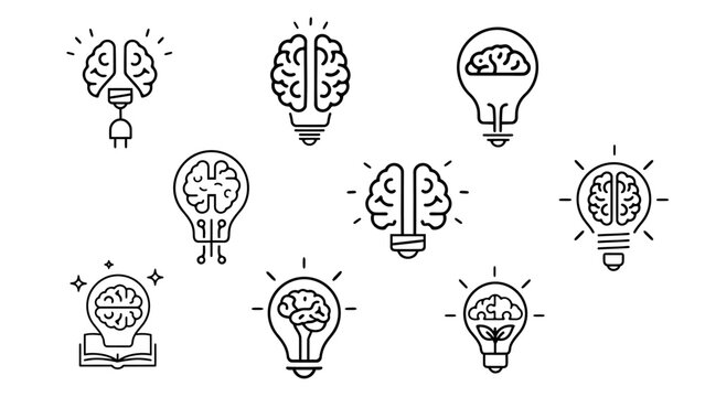 Human brain in light bulb linear icon set. Creative, generating idea, solution, knowledge, lamp symbols. Vector editable illustration
