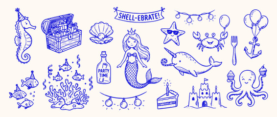 Mermaid and Marine Celebration: A collection of whimsical marine life illustrations perfect for celebration. Celebrate the marine world with this adorable illustration featuring mermaid. © Saiid-Designs