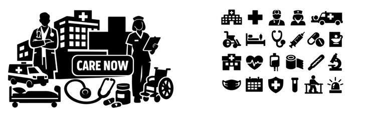 Fototapeta premium Medical and hospital care icons collage with doctors, nurses, and ambulance