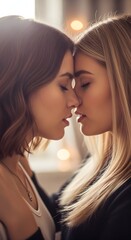 Naklejka premium Close-up of a Tender and Romantic Moment Between Two Loving Women with Eyes Closed