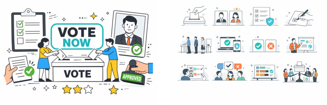 Democracy and voting process illustration with people casting ballots and approved stamps