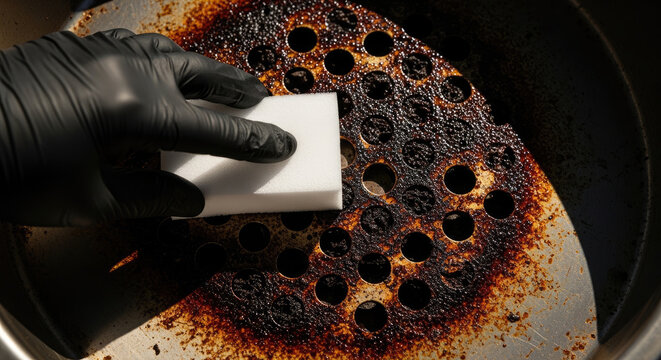 Gloved hand cleaning burnt grease from metal grill grate with magic eraser sponge