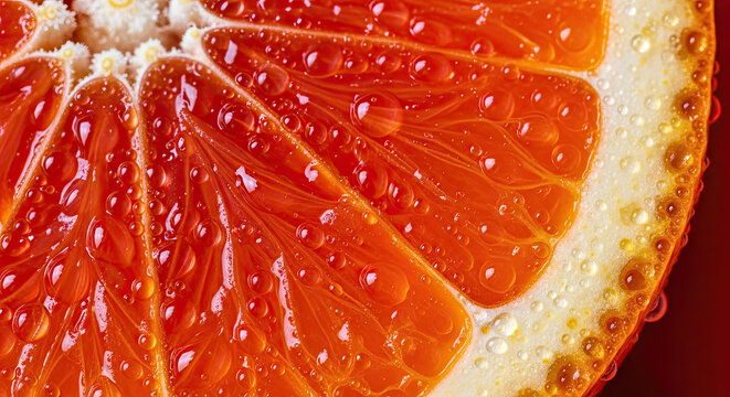 Extreme close-up of juicy grapefruit slice with refreshing water droplets detailed texture