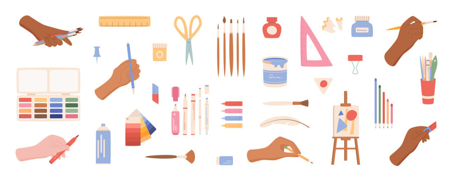 Set of flat painter supplies isolated on white background in pastel color. Hand draw art tool kit with pencil, marker and brush. Cute doodle palette and paintbrush for school class, creative workshop