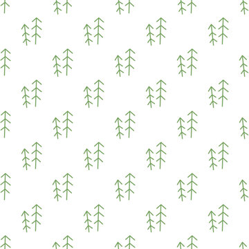 Seamless green camp forest sketch pattern. The nature and tree theme appears with playful doodle color for outdoor inspiration. Pattern in graphic style, perfect for camping adventures.