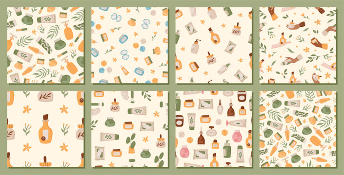 Flat beauty skin care pattern set seamless. Cosmetic skin product motif with bottle and cream jar as soft background. Seamless skincare lotion concept for spa pack and natural fashion banner