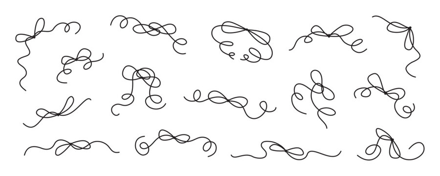 Whimsical black hand drawn wedding bows set. Romantic ribbon ornament set as curly bow doodle element for cute invite and simple card. Decorative outline frame for vintage celebration menu or