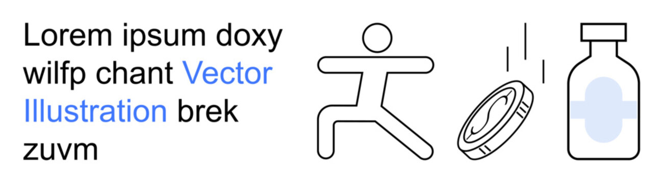 Fitness, healthcare, medicine, wellness, finance, lifestyle balance. Stick figure running, coin flipping medicine bottle illustration. Fitness and healthcare as key visual concepts
