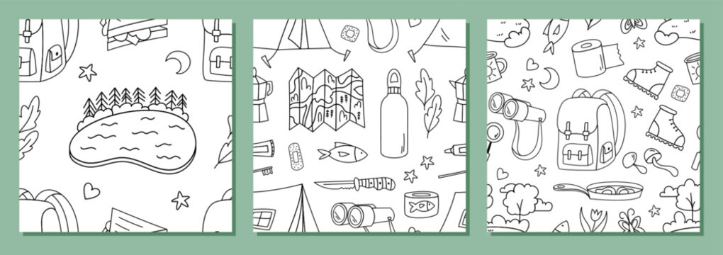 Adventure seamless pattern displays hand drawn outline map, tent and camp motif set. Backpack, hiking, forest and lake set in doodle style. Monochrome color, suitable for outdoor collection.