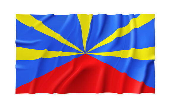Realistic Reunion country flag isolated on a transparent background. Silk atlas detailed fabric flag. Vector PNG