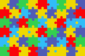 Naklejka premium Colorful jigsaw puzzle background, seamless primary color puzzle pieces pattern, vibrant autism awareness symbol vector illustration