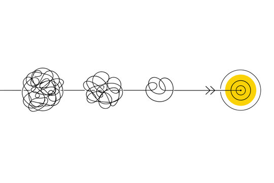 Minimalist business strategy concept vector, tangled line simplifying into a clear path, yellow target goal icon for problem solving and clarity