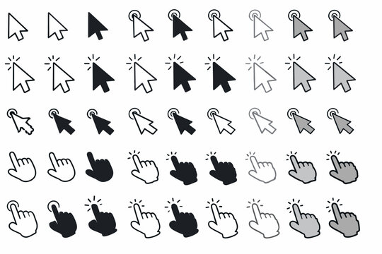Computer mouse cursor icon set, 45 digital pointer and hand clicker vectors, black and white web navigation arrows for interface design