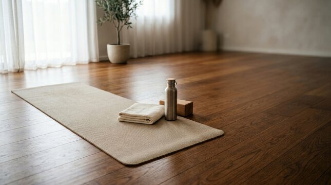 Minimal yoga mat setup on wood floor with towel bottle and block for home practice background and wellness poster