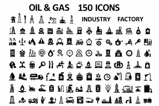 Oil and gas industry icons set, 150 factory and energy production vector symbols, petroleum refinery and fuel processing glyph collection