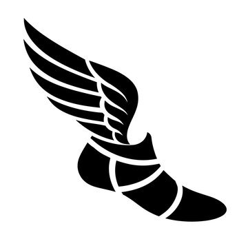 Ancient Greek winged sandal vector, Hermes talaria footwear icon, mythological flying shoe silhouette, black and white athletic speed logo