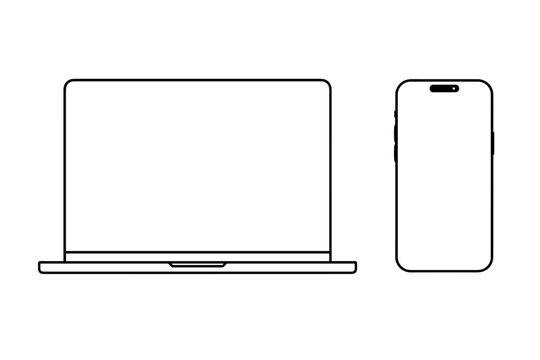 Minimalist laptop and smartphone vector line icons, modern electronic device wireframe set, digital screen mockup for responsive web design